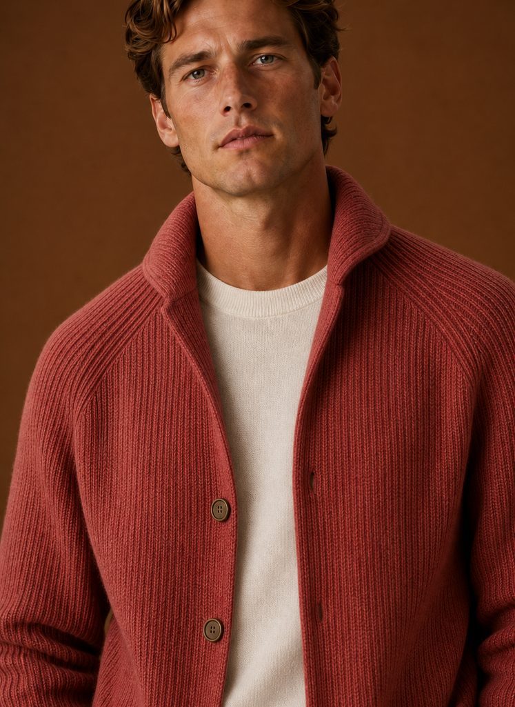 Close-up of the ribbed knit texture on the men's cardigan