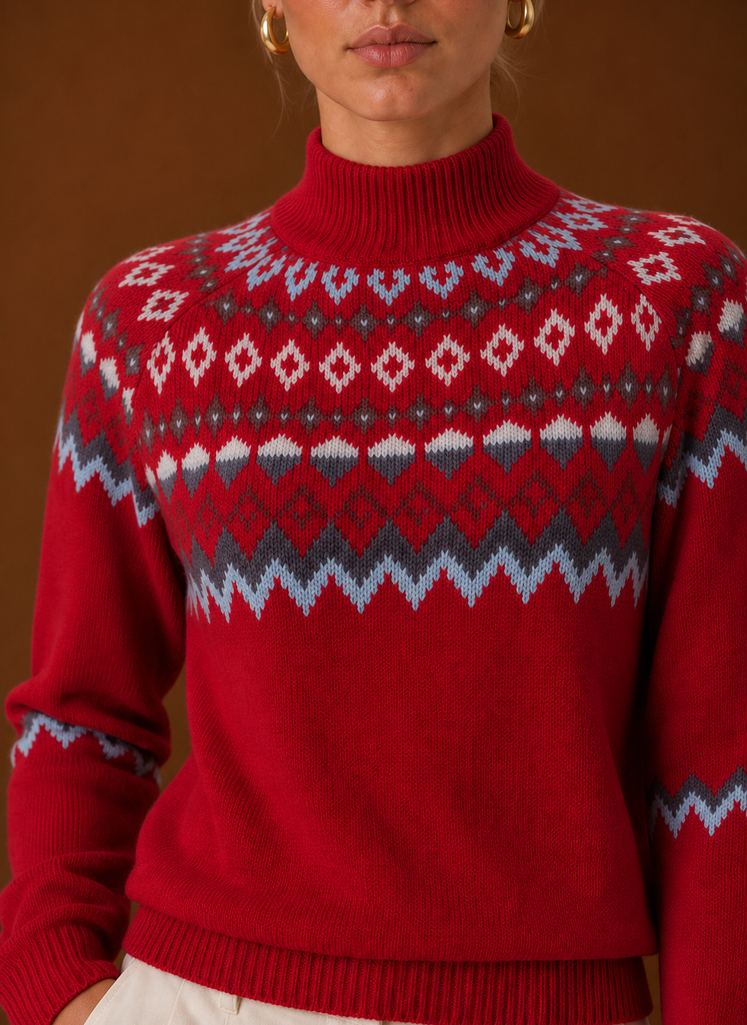 Women's Fair Isle Sweater - Nordic Turtleneck Knit Pullover closeup view
