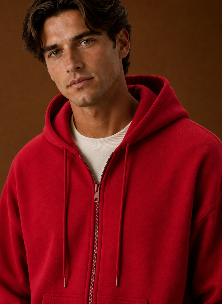 Close-up of the zipper and stitching details on the hoodie