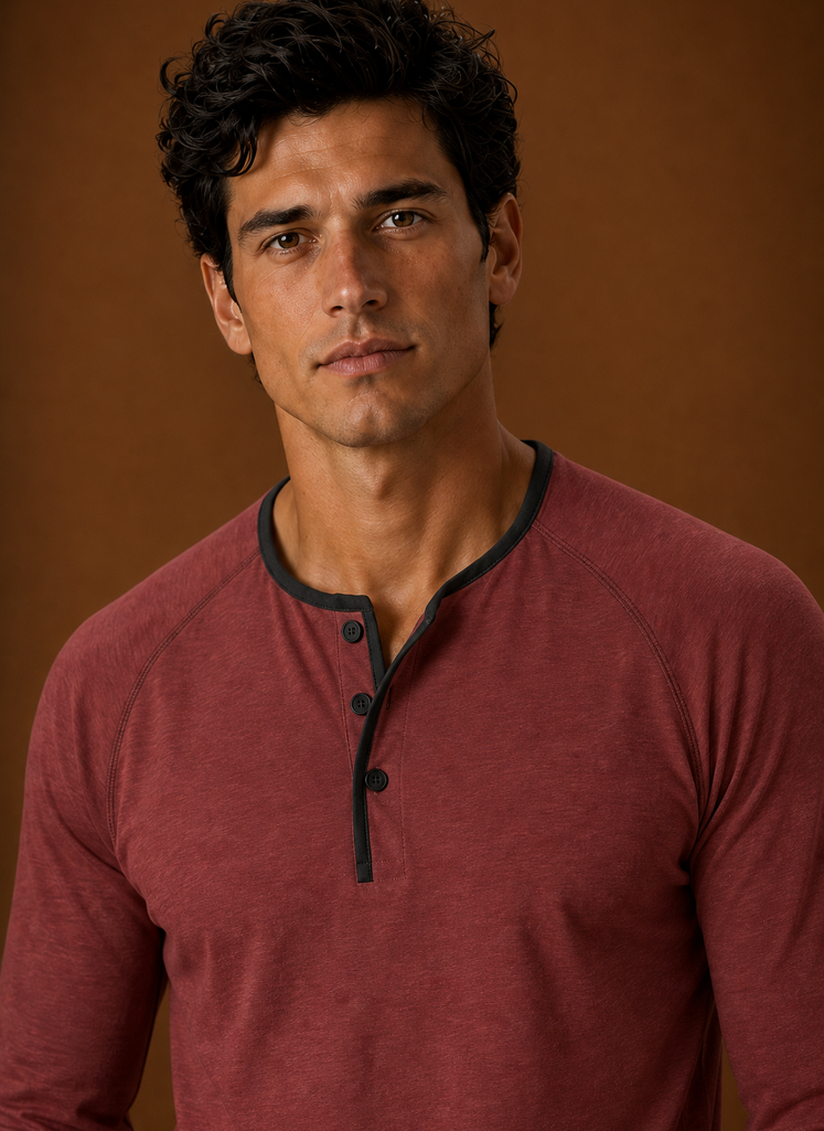 Close-up of the Henley shirt button placket and neckline stitching