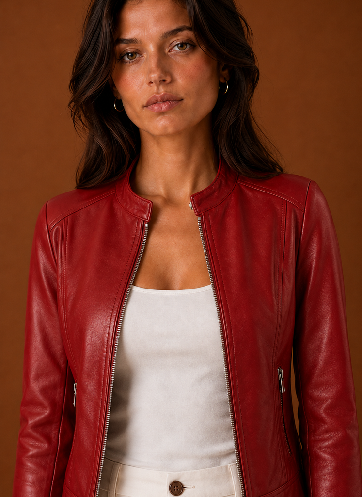 Women's Leather Jacket - Slim Fit Stand Collar Moto Jacket closeup view