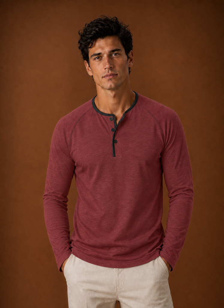Front view of a men's Henley shirt showing button placket and neckline