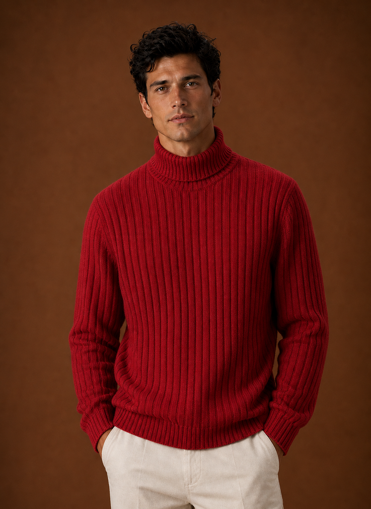 Men's Turtleneck Sweater - Ribbed Roll Neck Knit Pullover front view