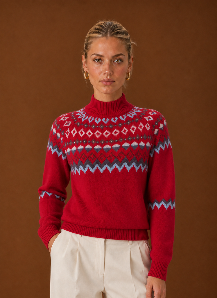 Women's Fair Isle Sweater - Nordic Turtleneck Knit Pullover front view