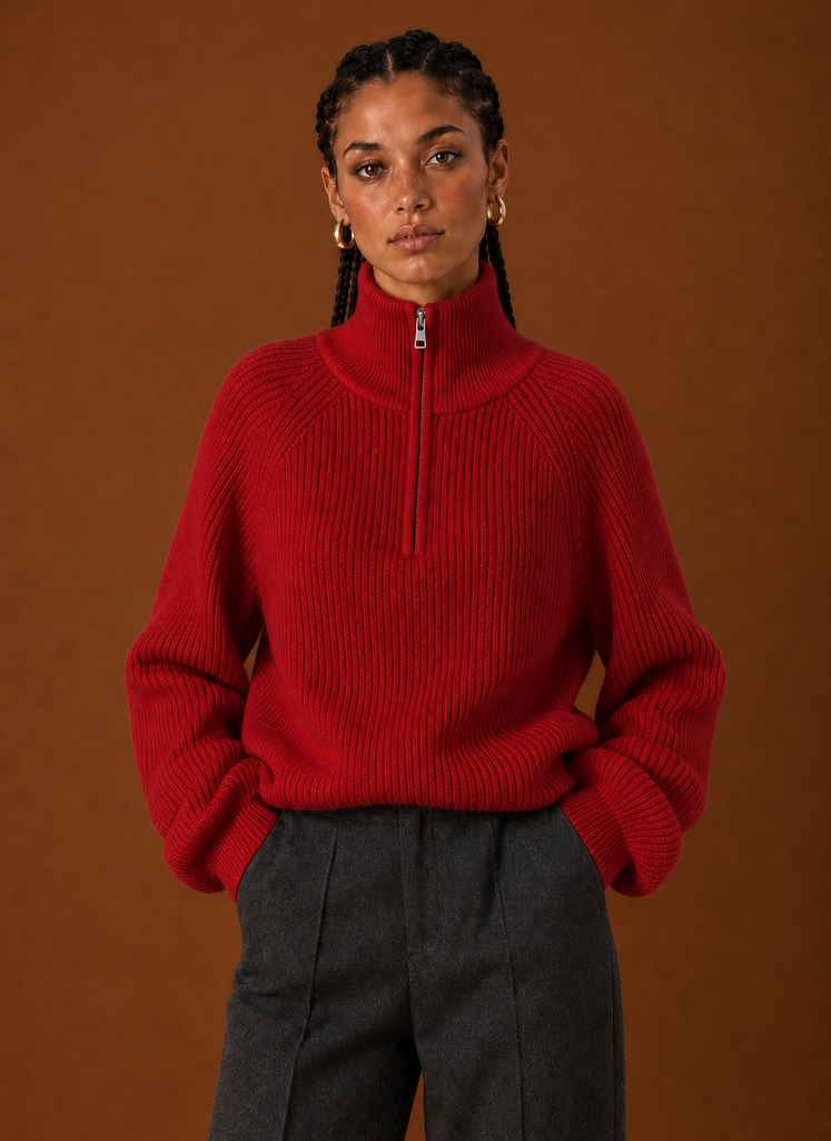 Front view of the Areleon quarter-zip knit sweater on a mannequin