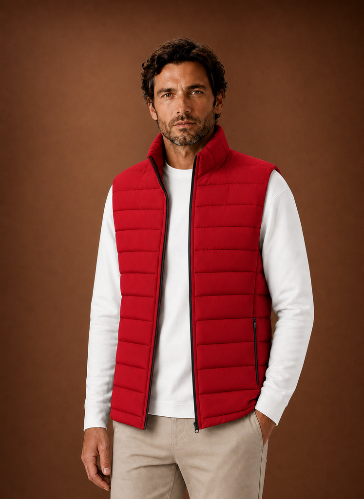 Front view of the men's quilted puffer vest on a mannequin showing stand collar and front profile