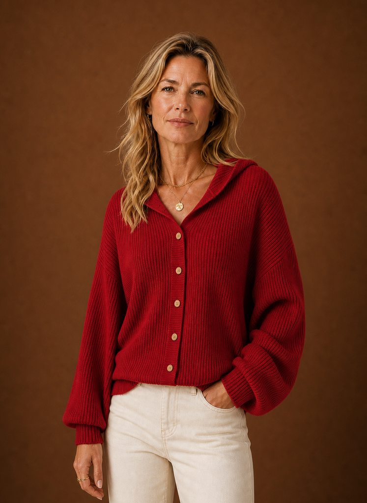 Front view of women's ribbed knit hooded button cardigan on a mannequin