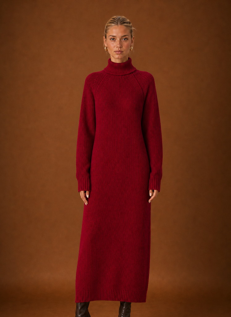 Front view of women's turtleneck ribbed knit maxi sweater dress on a mannequin