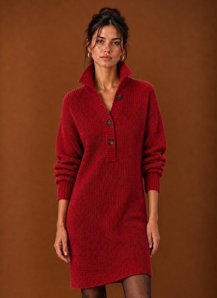 Front view of women's sweater dress showing long-sleeve midi pullover silhouette