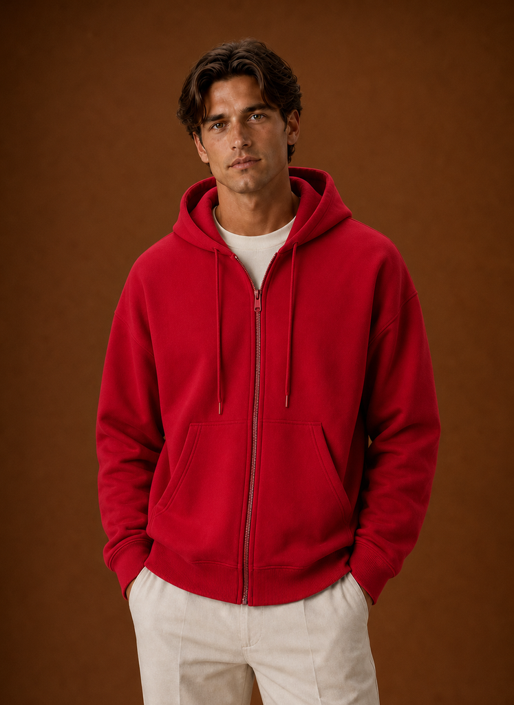 Front view of men's zip-up hoodie on a mannequin showing zip-front and hood