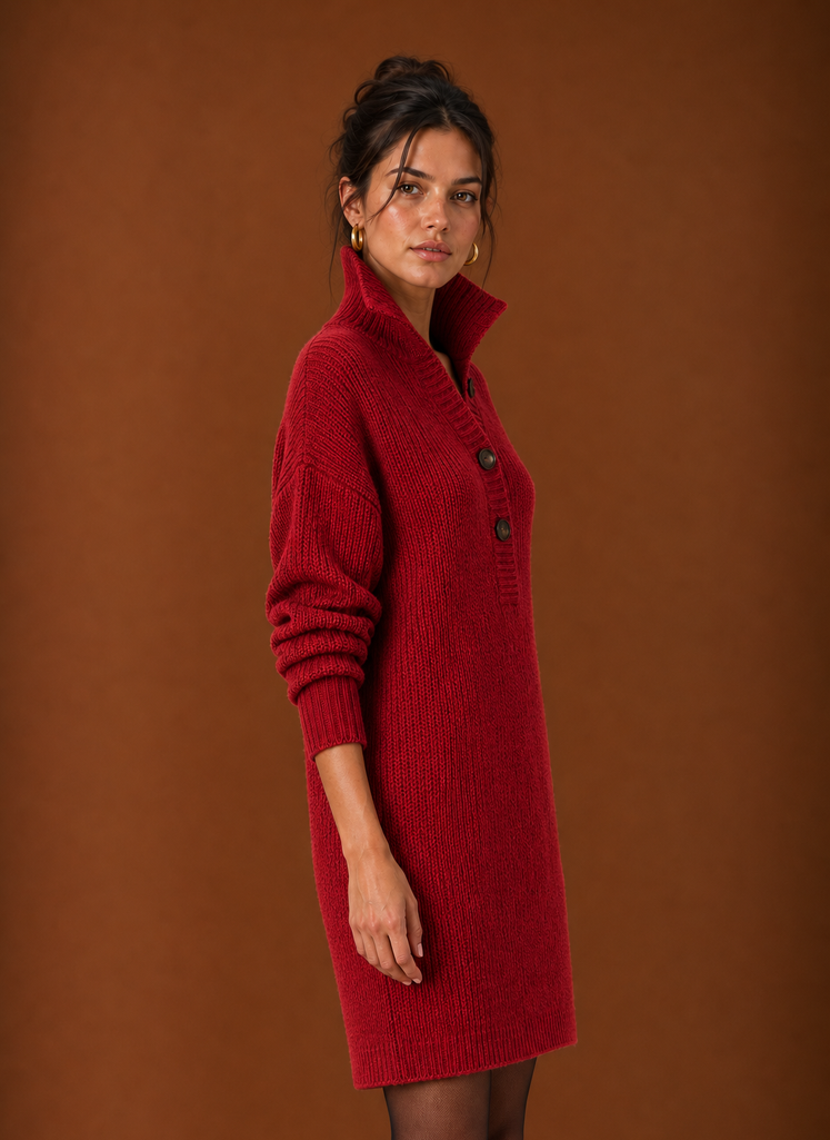 Side view of women's sweater dress showing midi hem and relaxed profile