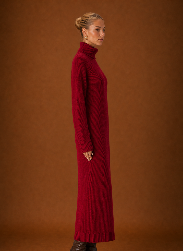 Side view of the turtleneck ribbed knit maxi dress showing the full-length silhouette