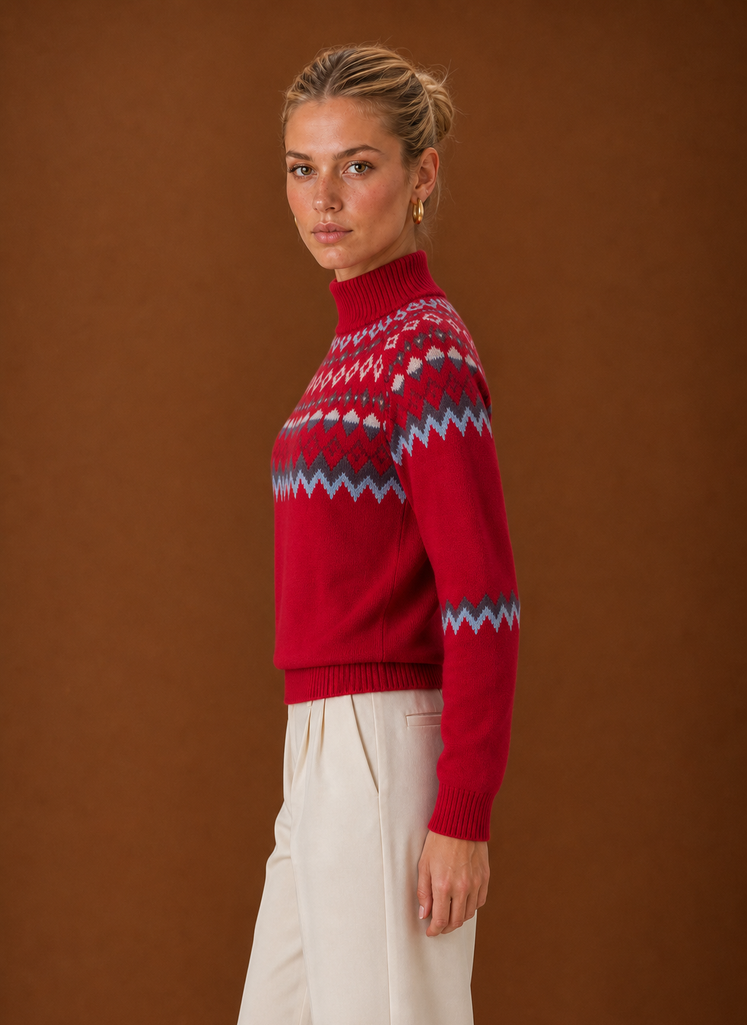 Women's Fair Isle Sweater - Nordic Turtleneck Knit Pullover side view