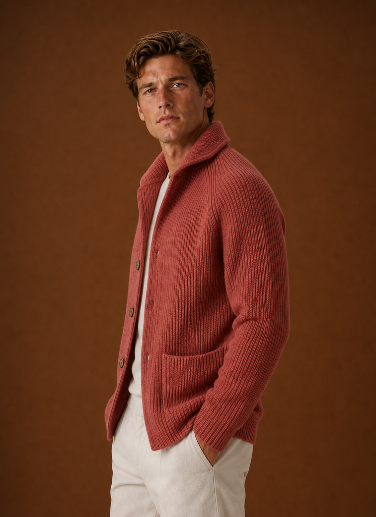 Side profile of a men's ribbed knit cardigan showing sleeve and drape