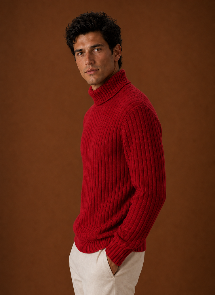 Men's Turtleneck Sweater - Ribbed Roll Neck Knit Pullover side view