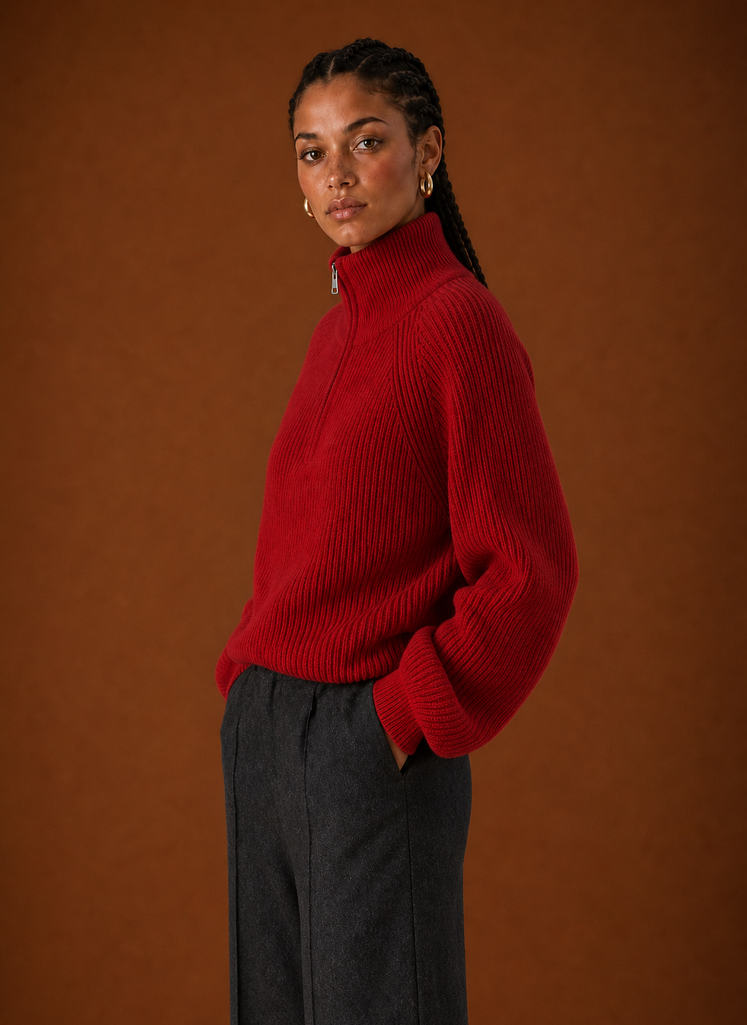 Side profile of the quarter-zip knit sweater showing the zip neckline and sleeve shape