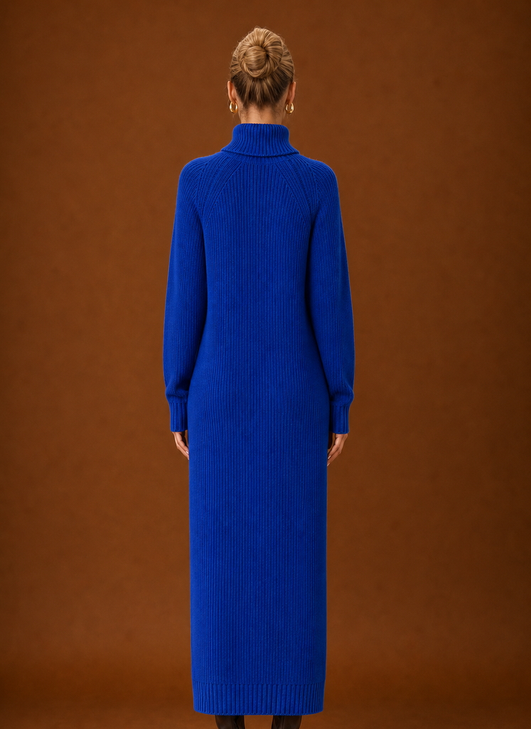 Back view of ribbed knit maxi sweater dress with high turtleneck