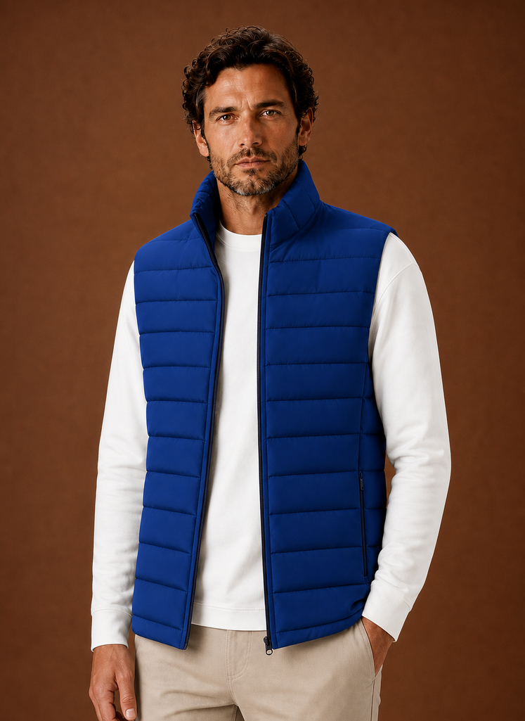Front view of the men's quilted puffer vest on a mannequin showing stand collar and front profile