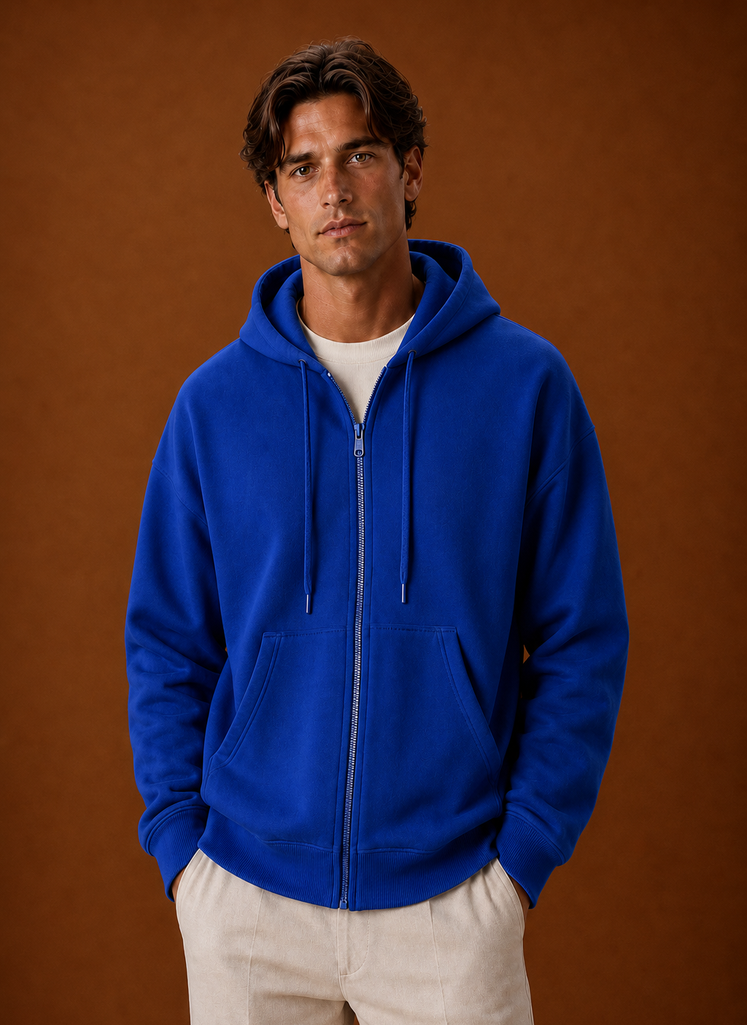 Front view of men's zip-up hoodie on a mannequin showing zip-front and hood