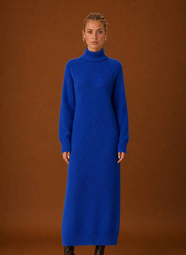 Front view of women's turtleneck ribbed knit maxi sweater dress on a mannequin