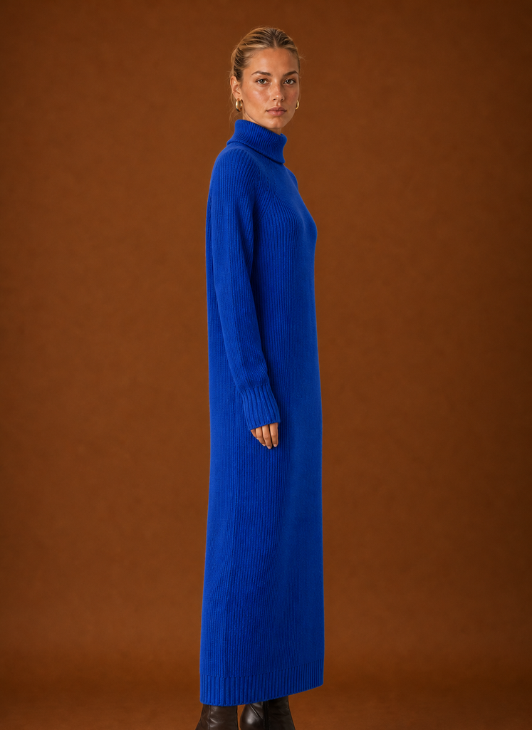 Side view of the turtleneck ribbed knit maxi dress showing the full-length silhouette