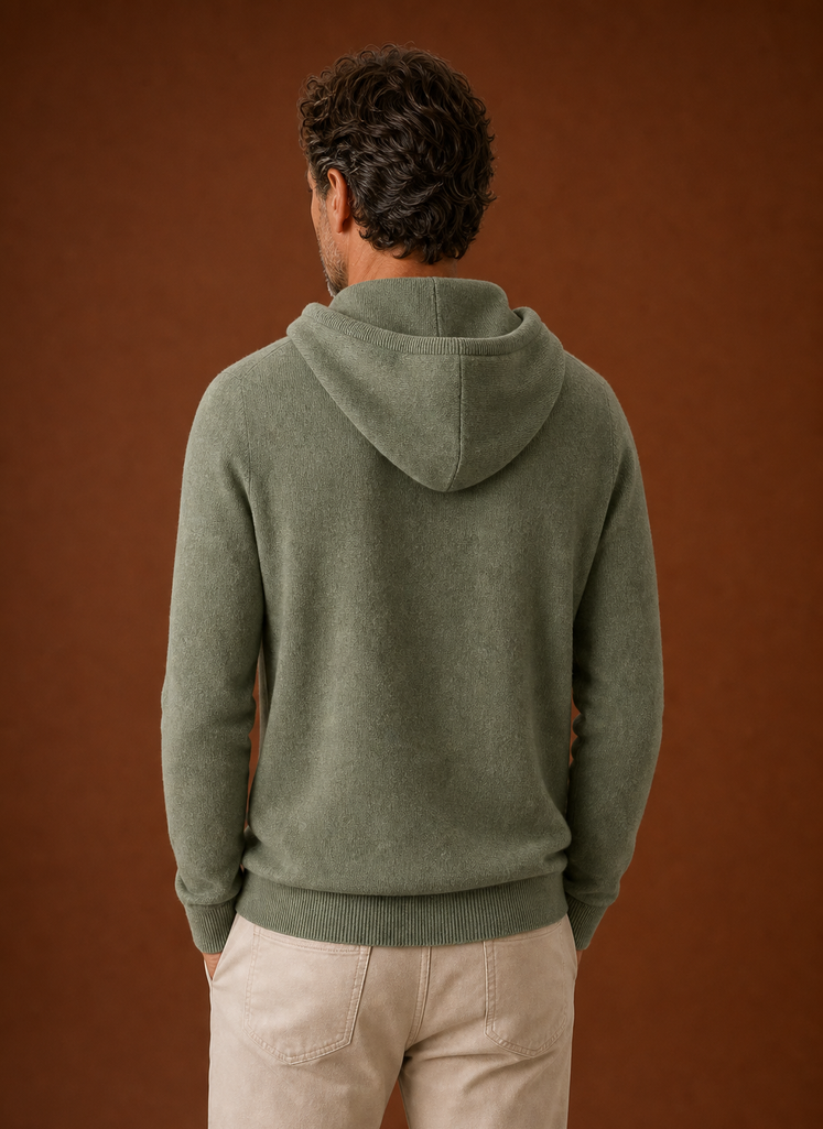 Back view of Areleon men's knitted hooded pullover with hood raised