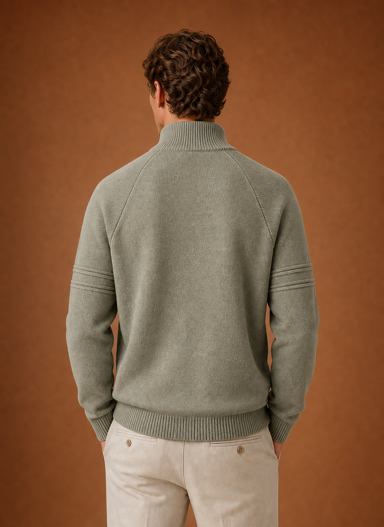 Back view of men's knit sweater with long sleeves and clean back