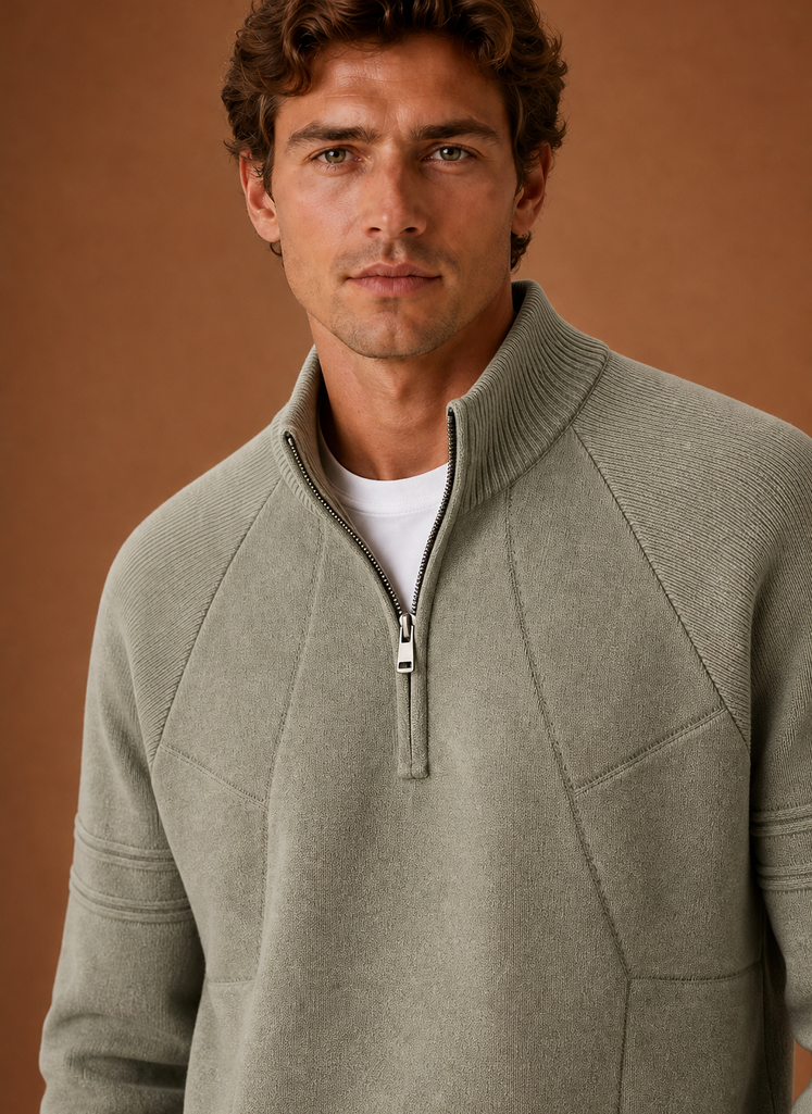 Close-up of the half-zip closure and knit texture at the collar