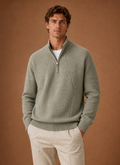Front view of men's half-zip knit sweater on a neutral background