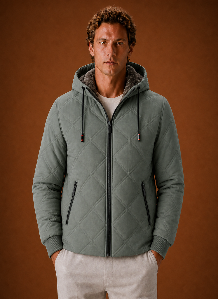 Front view of men's quilted hooded jacket with faux-fur lining