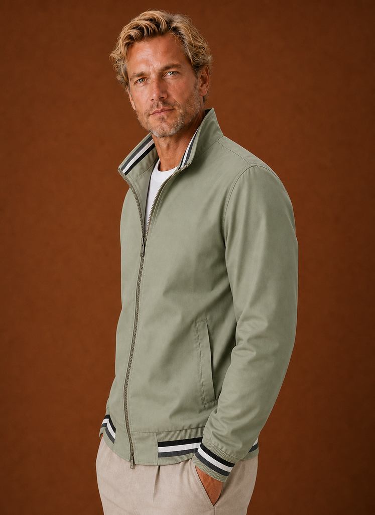 Side profile of men's bomber jacket showing silhouette and sleeve