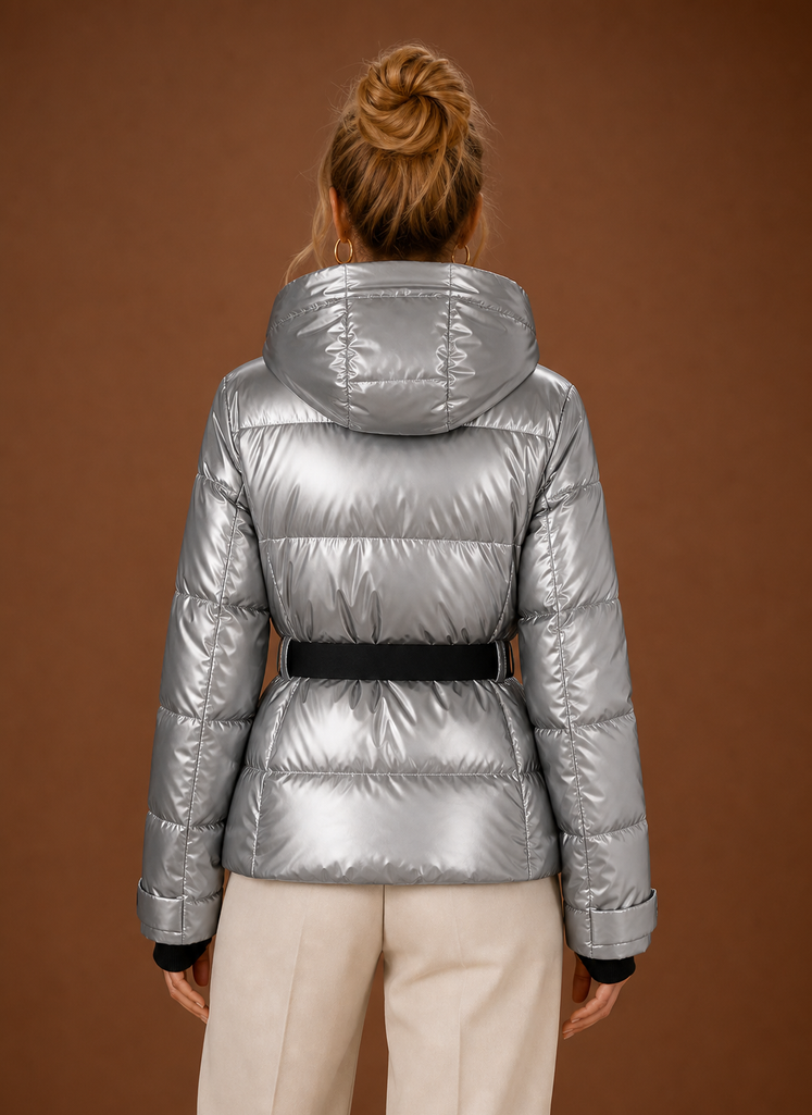 Back view of metallic puffer jacket displaying quilted construction and hood