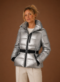 Front view of Areleon metallic hooded puffer jacket on a mannequin