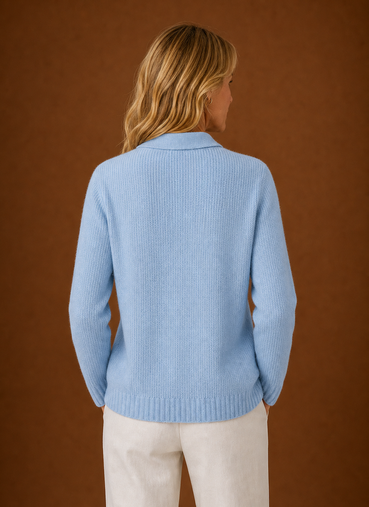 Back view of women's knit cardigan displaying full back silhouette