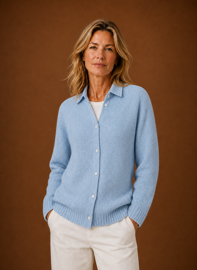 Front view of women's button-front knit cardigan showing button closure and clean silhouette