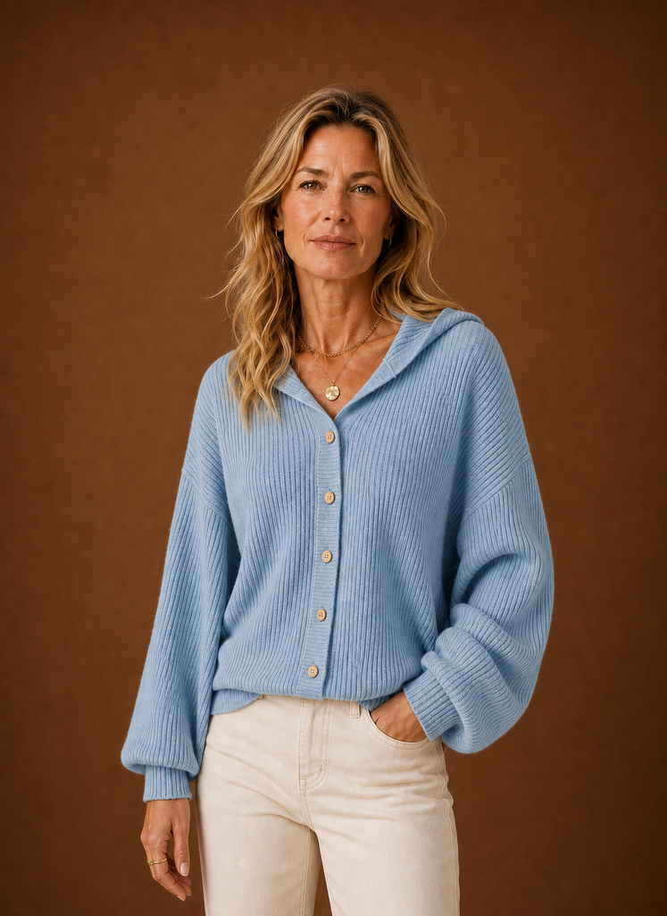 Front view of women's ribbed knit hooded button cardigan on a mannequin