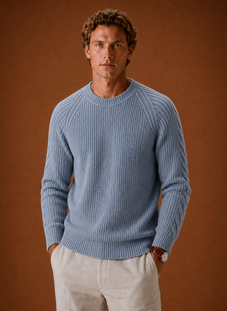 Front view of a men's cable knit crewneck sweater in khaki