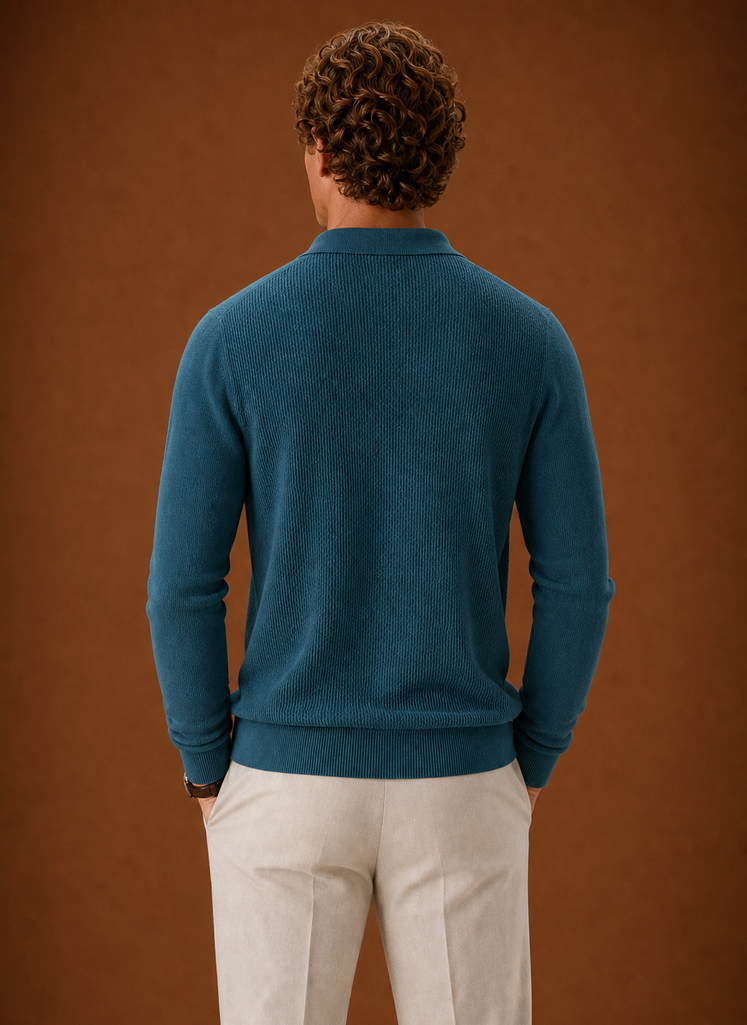 Back view of Areleon men's textured knit polo sweater showing knit texture and hem