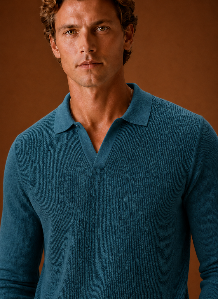 Close-up of textured knit pattern and polo collar detail on Areleon men's sweater
