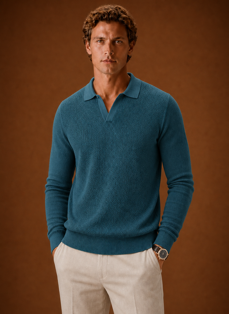 Front view of Areleon men's textured knit polo sweater showing polo collar and button placket