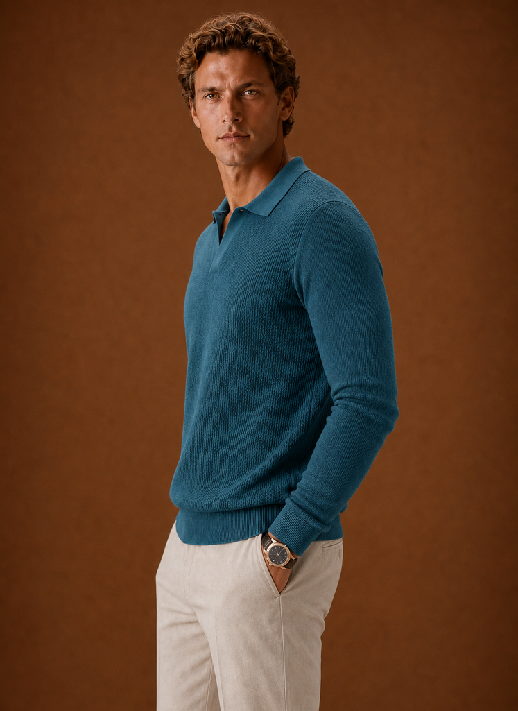 Side view of Areleon men's textured knit polo sweater showing sleeve and silhouette