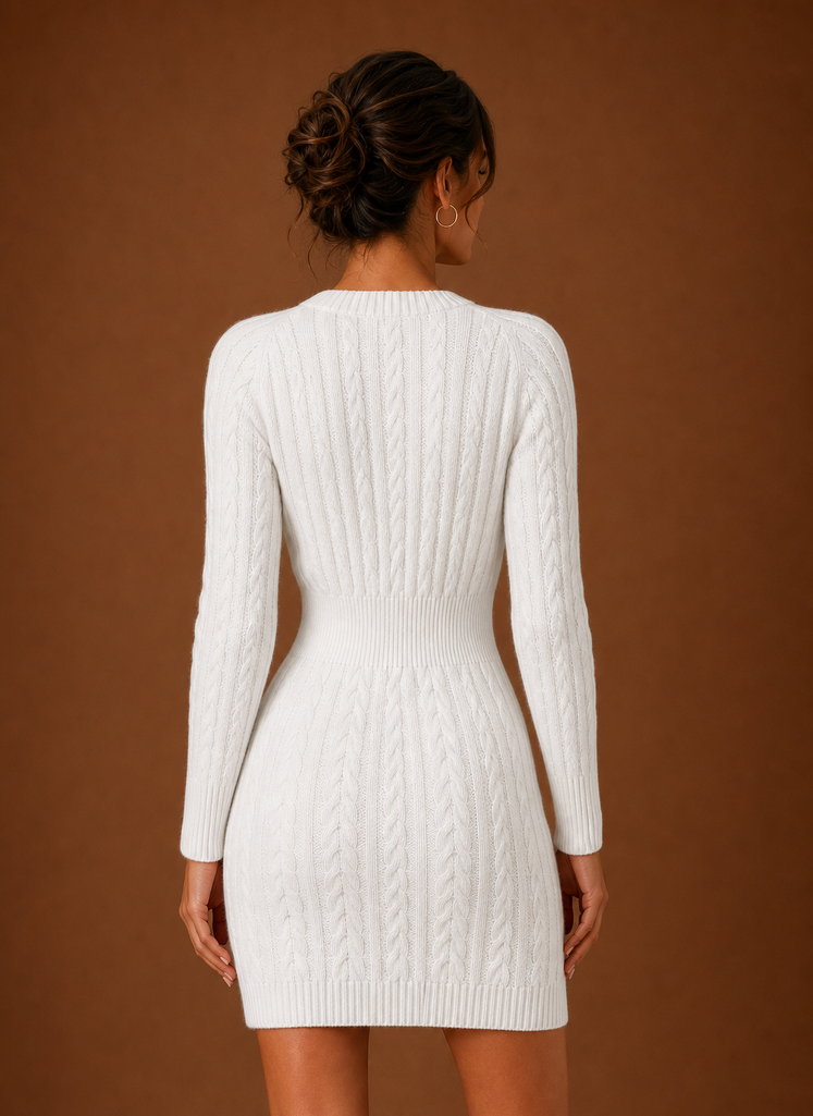 Back view of women's cable knit mini dress with long sleeves