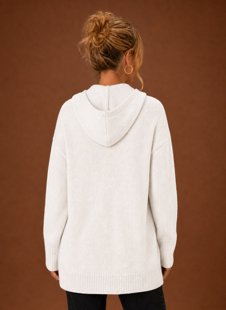 Back view of the cardigan showing full coverage and straight hem