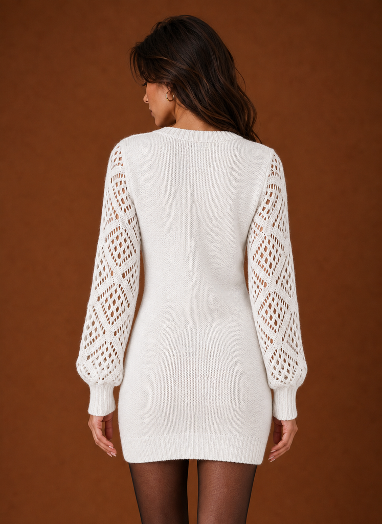 Back view of Areleon women's sweater dress displaying seamless knit finish