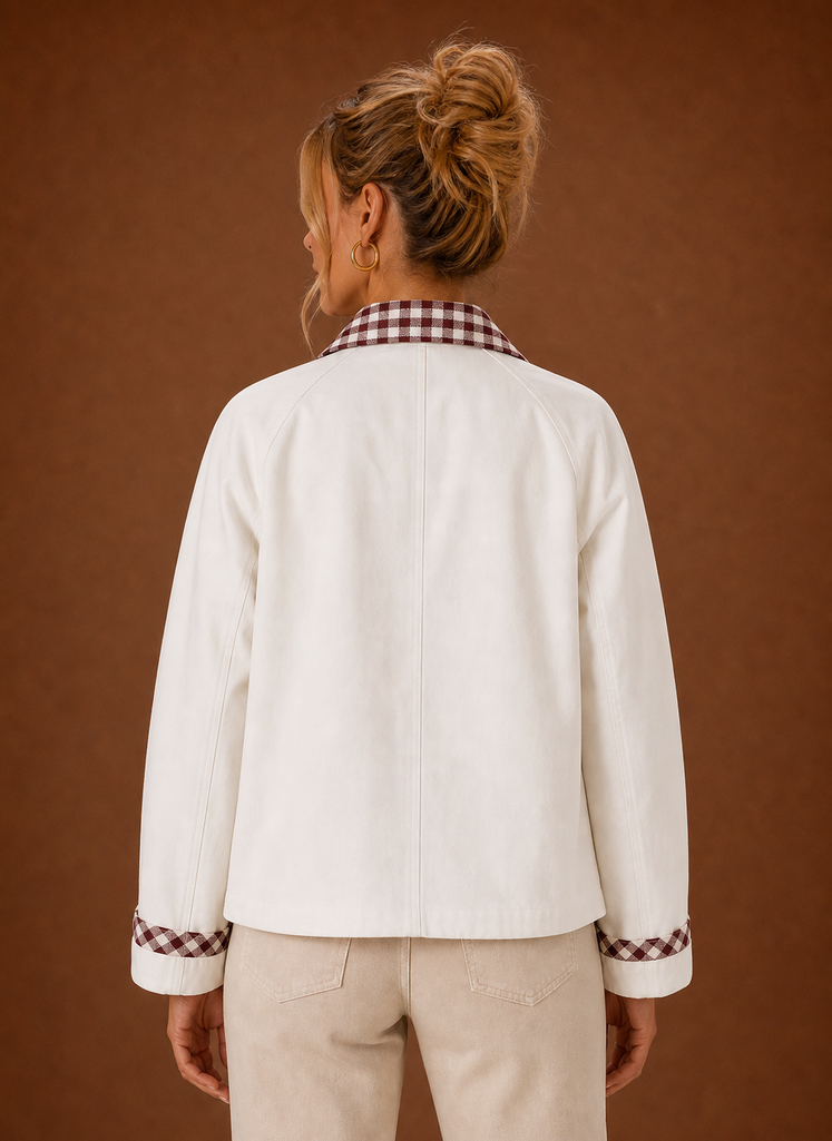 Back view of the barn jacket showing the clean, structured silhouette