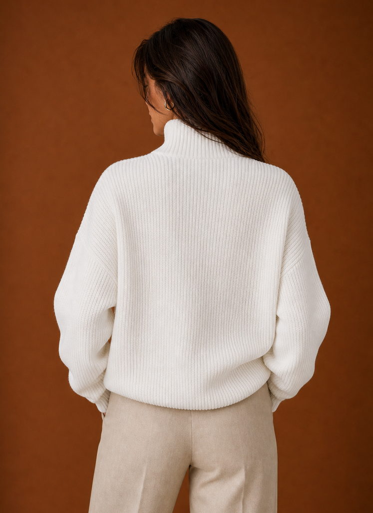 Back view of the women's quarter-zip sweater showing the smooth back and hem