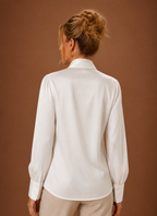 Back view of women's V-neck sweater showing clean finished hem and straight back silhouette
