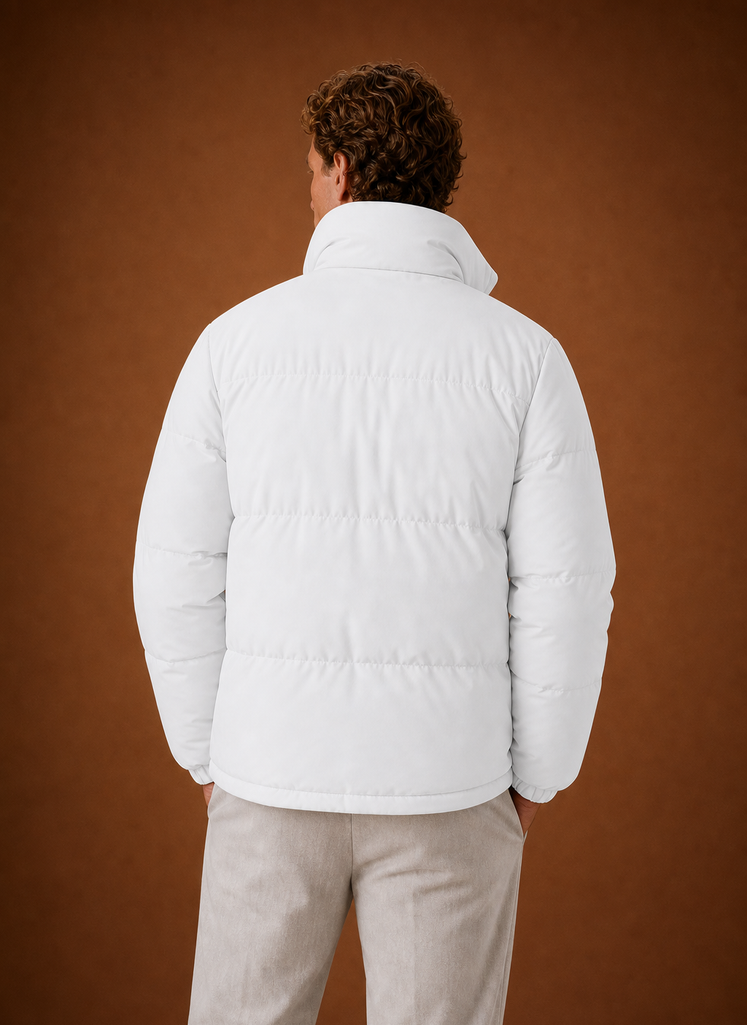 Rear view of the puffer jacket showing the back shape and quilting pattern