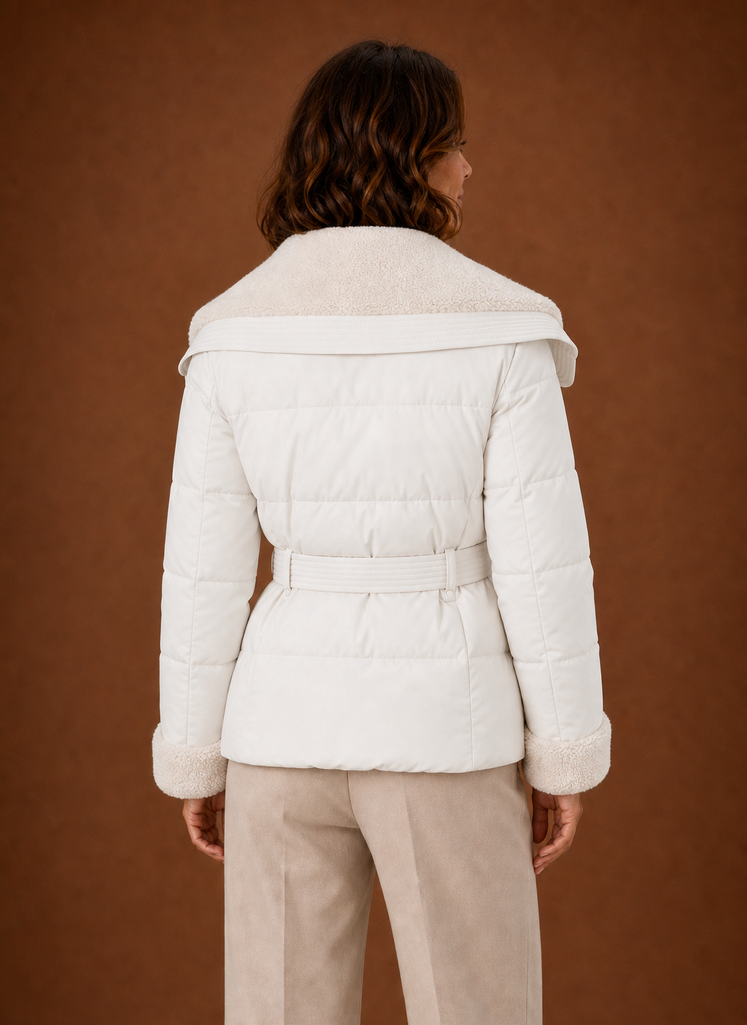 Back view of the women's puffer jacket showing rear silhouette and belt detail