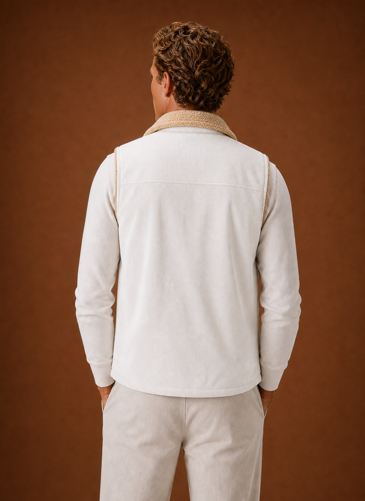Back view of men's sherpa-lined corduroy vest showing straight back silhouette